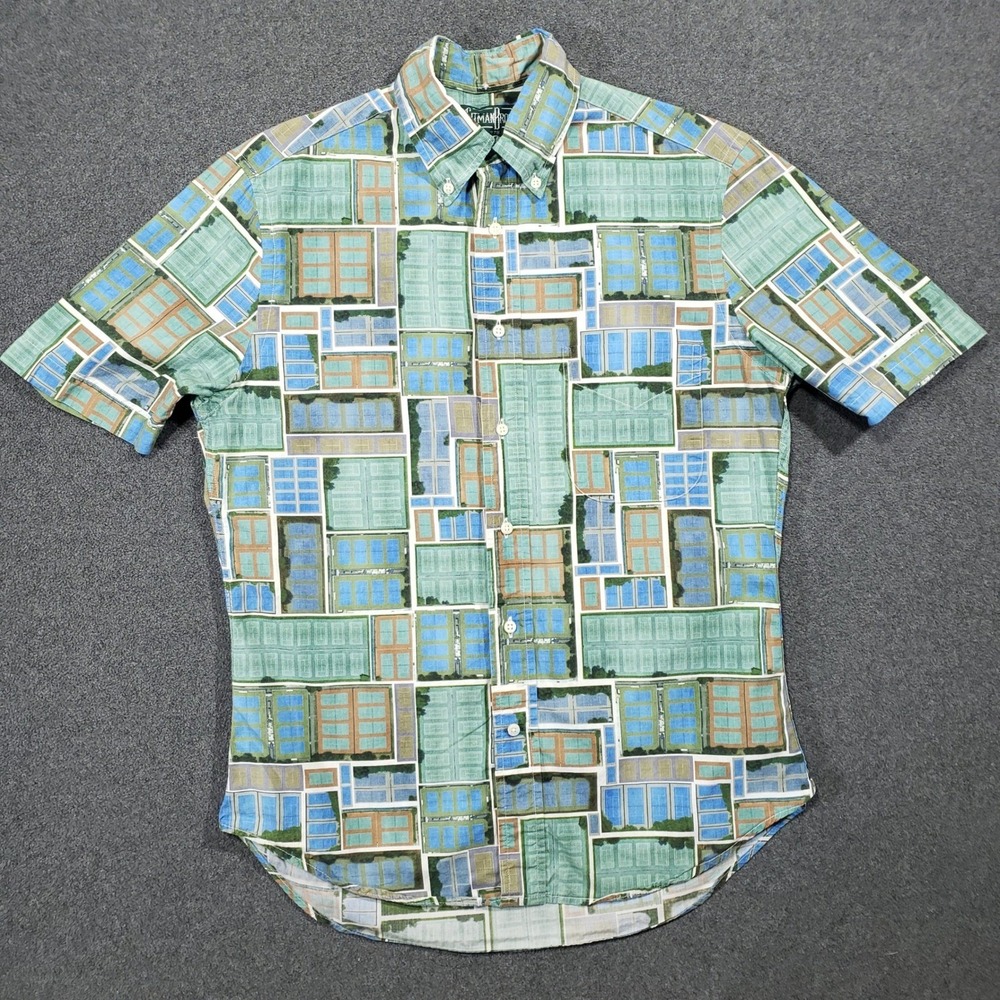 Gitman Bros Button Down Shirt Mens Small Green Tennis Court Print Vintage USA
